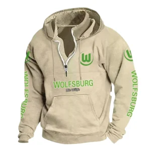 VfL Wolfsburg Hoodie mit Stehkragen, Ganzflächig bedruckte Kapuzenpullover mit Stehkragen fur VfL Wolfsburg fans BDE114082725128 - Khaki