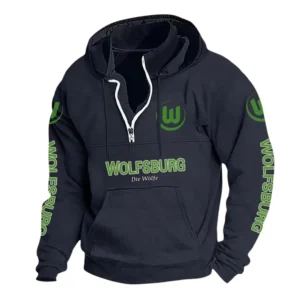 VfL Wolfsburg Hoodie mit Stehkragen, Ganzflächig bedruckte Kapuzenpullover mit Stehkragen fur VfL Wolfsburg fans BDE114082725128 - Marineblau