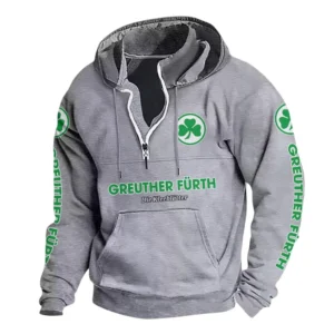 SpVgg Greuther Fürth Hoodie mit Stehkragen, Ganzflächig bedruckte Kapuzenpullover mit Stehkragen fur SpVgg Greuther Fürth fans BDE114082725129 - Grau