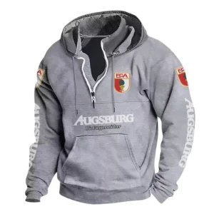 FC Augsburg Hoodie mit Stehkragen, Ganzflächig bedruckte Kapuzenpullover mit Stehkragen fur FC Augsburg fans BDE114082725133 - Grau