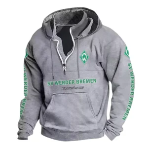 SV Werder Bremen Hoodie mit Stehkragen, Ganzflächig bedruckte Kapuzenpullover mit Stehkragen fur SV Werder Bremen fans BDE114082725134 - Grau