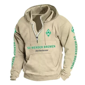 SV Werder Bremen Hoodie mit Stehkragen, Ganzflächig bedruckte Kapuzenpullover mit Stehkragen fur SV Werder Bremen fans BDE114082725134 - Khaki